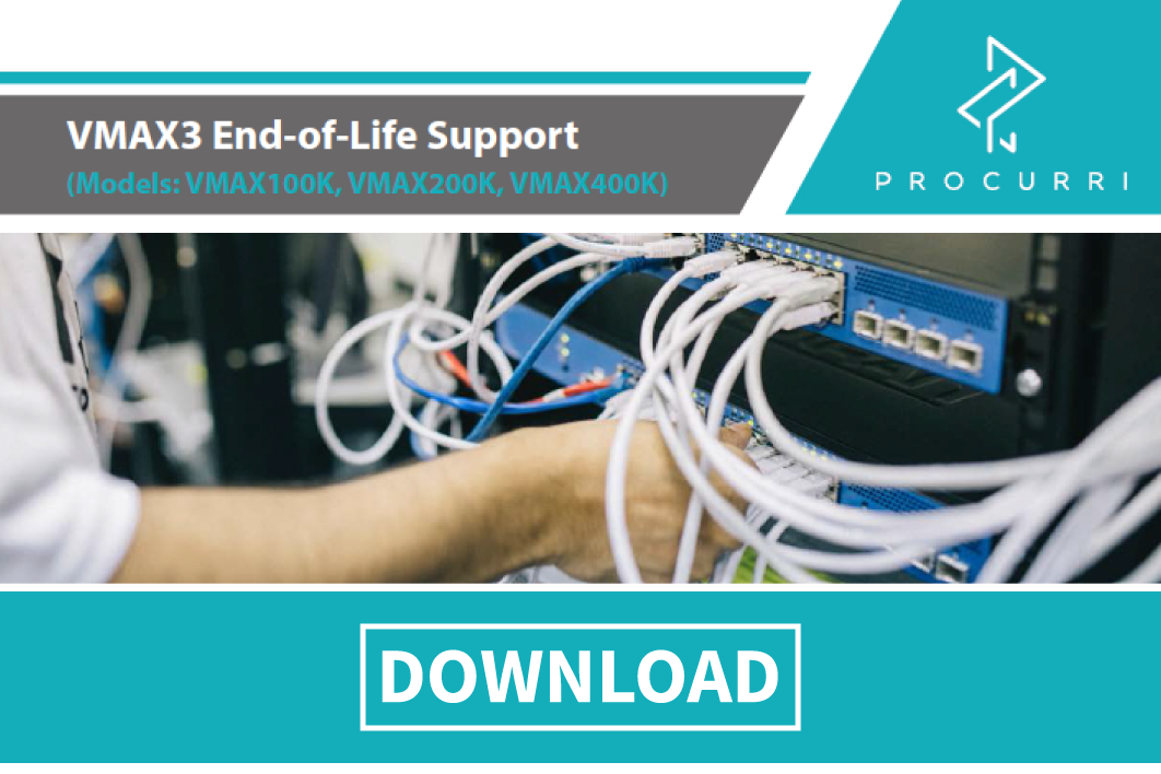 Eine Hand greift in die Drähte unter dem Titel &quot;VMAX3 End-Of-Life Support&quot;.