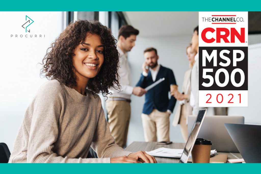 The logo for CRN MSP 500 is positioned on an image of a woman sitting at a laptop smiling at the screen.