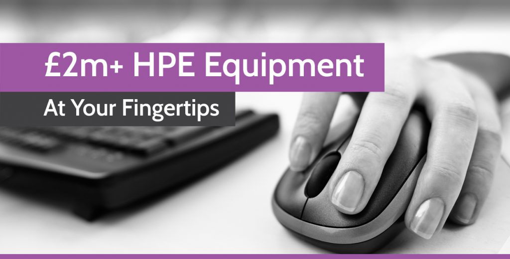 A black and white image of a hand on a computer mouse with a purple banner reading '£2m+ HPE equipment'.