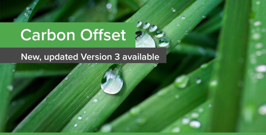 The title 'Carbon Offset' sits on a background of green shoots with water droplets on