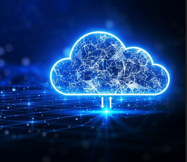 A computer generated image depicting the blue neon outline of a Cloud, filled with interconnecting lines of light.