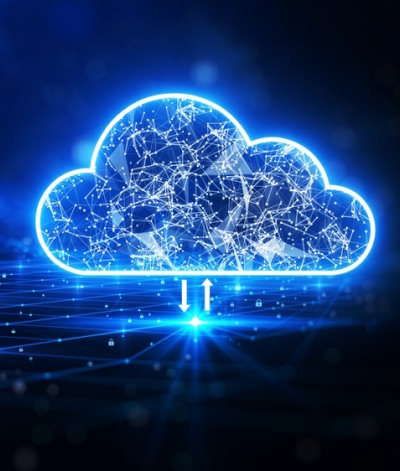 Ein computergeneriertes Bild, das den blauen Neonumriss einer Wolke zeigt, die mit miteinander verbundenen Lichtlinien gefüllt ist.