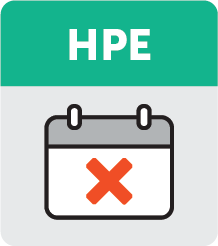 A grey and green icon reading 'HPE' above a calendar page with a red X across it.