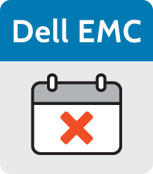 A grey and blue icon reading 'Dell EMC' above a calendar page with a red X across it