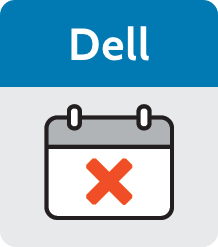 A grey and blue icon reading 'Dell' above a calendar page with a red X across it.